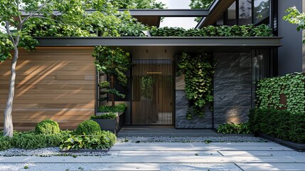 A main gate design with built-in planter boxes or greenery, adding a touch of natural beauty and eco-friendliness to the entrance of the modern house in - obrazy, fototapety, plakaty