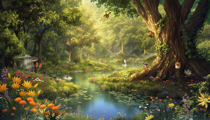 Magical Forest Retreat: A whimsical illustration of a serene forest glen with fairytale creatures and enchanting flora - obrazy, fototapety, plakaty