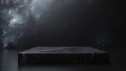 Stone podium background for product display featuring an abstract galactic nightscape with the pulse of the universe,宇宙の鼓動を感じる抽象的な銀河の夜景を備えた製品ディスプレイ用の石の表彰台の背景,Generative AI
