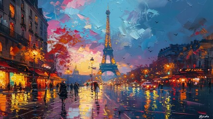 Eiffel Tower seen from a vibrant Paris street, Concept of tourism, French culture, and picturesque urban scenery
 - obrazy, fototapety, plakaty