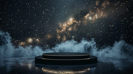 Stone podium background for product display featuring an abstract galactic nightscape with the pulse of the universe,宇宙の鼓動を感じる抽象的な銀河の夜景を備えた製品ディスプレイ用の石の表彰台の背景,Generative AI