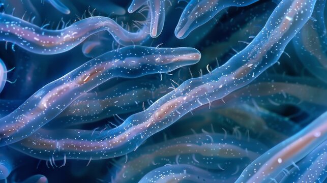 A microscopic image of a nematode worms eggs tightly packed together in a and ready to hatch into new organisms.