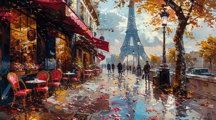 Eiffel Tower seen from a vibrant Paris street, Concept of tourism, French culture, and picturesque urban scenery
 - obrazy, fototapety, plakaty