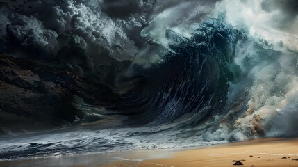 Tsunami waves dangerous crashing on the beach - obrazy, fototapety, plakaty