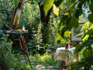 Idyllic and serene setting of an artist's painting equipment arranged outdoors amidst a lush garden environment