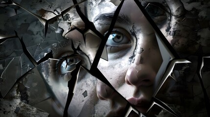A woman's through a shattered mirror and Broken Glass - obrazy, fototapety, plakaty