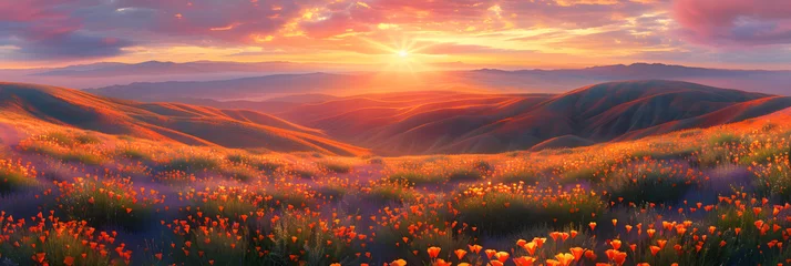 Badezimmer Foto Rückwand California's Poppy Fields at Dawn: A Tranquil High-Definition Landscape Wallpaper © Ollie