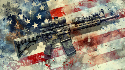 American flag and assault rifle,アメリカ国旗とアサルトライフル,Generative AI	 - obrazy, fototapety, plakaty
