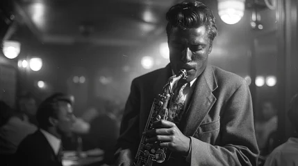 Fototapeten Jazz musician playing saxophone in a moody club setting, Concept of live music, passion, and soulful performance  © MrJacki