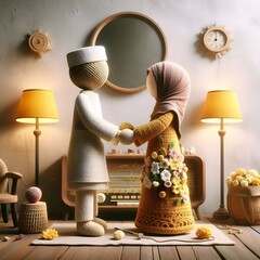 ai generated Happy Eid al-Fitr 3d realistic Moslem family couple doll Crochets figure shaking hands in forgiveness of Muslim holidays against indoor background