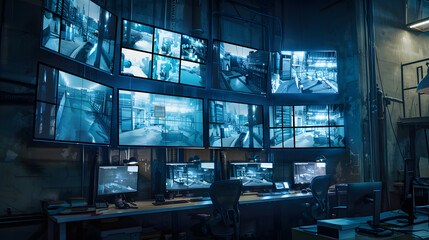 Interior of modern office at night with computer monitors and monitors
