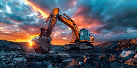 Excavator in Open Pit Mine at Sunset with Earthmoving Equipment. Concept Excavator, Open Pit Mine, Sunset, Earthmoving Equipment, Heavy Machinery - obrazy, fototapety, plakaty