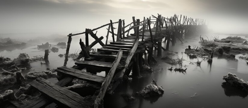 A captivating monochrome photo of a wooden bridge stretching over calm waters beneath a cloudy sky, creating a stunning natural landscape image
