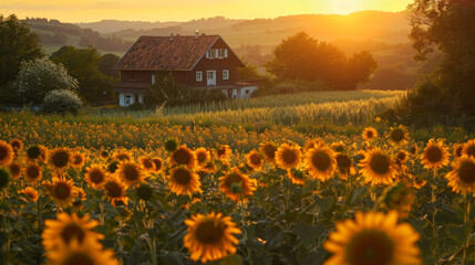 Sunlight bathes a country house and a vibrant field of sunflowers during the magical golden hour