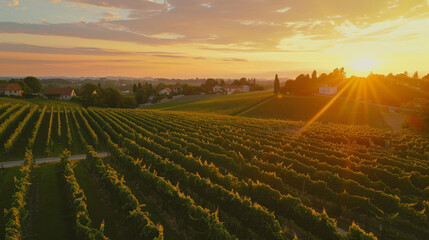 A breathtaking panorama of a vineyard under the glow of a setting sun, with rows of grapevines