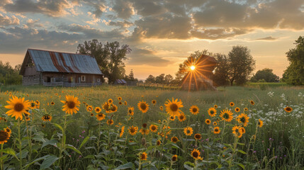 The last rays of the sun shine through a serene field peppered with bright sunflowers and rustic barns