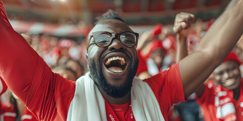 Excited african american football fan cheering for favourite team at soccer stadium - obrazy, fototapety, plakaty