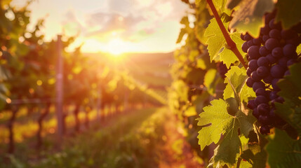Warm sunlight beams through a vineyard, highlighting the bunches of ripe grapes ready for harvest