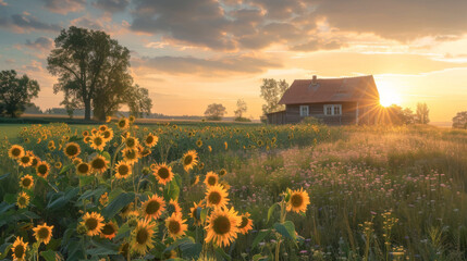 A cozy wooden house surrounded by lush wildflowers and sunflowers greets the day at sunrise