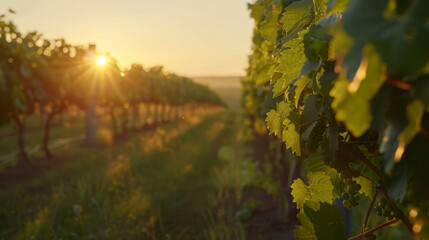 A serene vineyard scene at sunset with rows of grapevines illuminated by the golden sun