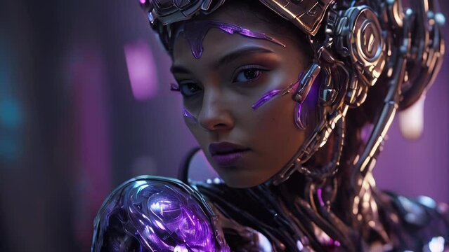 Female cyborg portrait cinematic close up purple