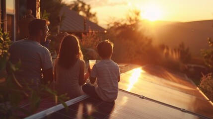 A family sitting on their porch sipping iced tea and admiring their newly cleaned solar panels. In the background the sun is setting . . - obrazy, fototapety, plakaty