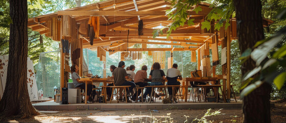 Peaceful outdoor classroom nestled in woods with people engaged in focused group activity