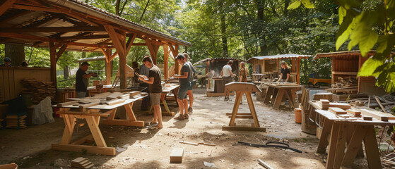 A lively woodworking workshop in outdoor woodland setting, capturing people busily crafting with wood