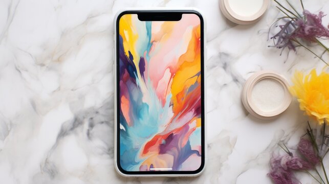 The smartphone is set against a light gray felt background, displaying a vibrant watercolor painting on the screen, emphasizing a love of art and creativity --ar 16:9 --quality 0.5 --v 5.2 Job ID