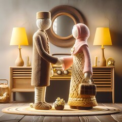 ai generated Happy Eid al-Fitr 3d realistic Moslem family couple doll Crochets figure shaking hands in forgiveness of Muslim holidays against indoor background