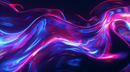 An abstract, fluid 3D-rendered holographic neon wave, undulating gracefully against a dark backdrop. Its iridescent, neon hues and smooth, curved form create a dynamic gradient - obrazy, fototapety, plakaty