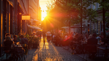 A warm sunset bathes a street cafe scene with people dining al fresco, capturing a relaxed urban atmosphere