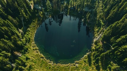 An aerial view captures a lake, strikingly circular in its form, mimicking the appearance of the Earth itself, encased within the embrace of a dense pine forest - obrazy, fototapety, plakaty