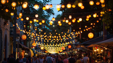 A bustling street scene captured at twilight showcases hanging illuminated lights, offering a...