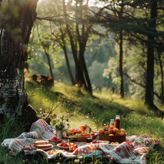 An idyllic outdoor picnic set against the backdrop of a sunlit forest, creating a peaceful and picturesque scene