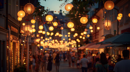 As the summer evening sets in, the street comes alive with the warm glow of spherical and oval lanterns hanging above