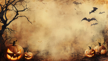 Halloween pumpkin and bats background image, copy Orange banner background with space,ハロウィンのカボチャとコウモリの背景画像、コピー スペースのあるオレンジのバナーの背景,Generative AI	 - obrazy, fototapety, plakaty