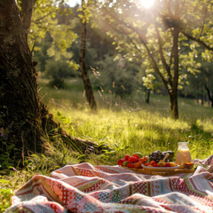 The gentle sunshine filters through the trees, casting a soft glow over a cozy woodland picnic setup with fresh food