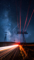 High voltage power lines at night with stars and milky way - obrazy, fototapety, plakaty