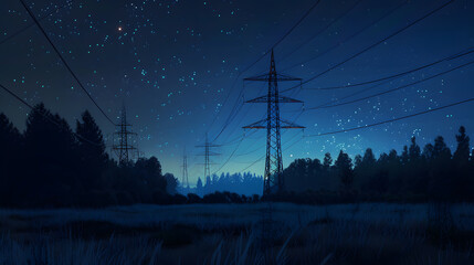 High voltage power lines in the field at night with stars - obrazy, fototapety, plakaty