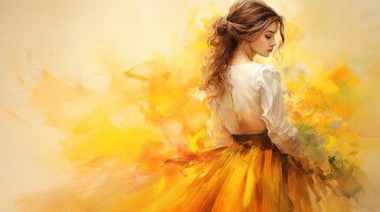 Woman in vintage dress painting with watercolors on canvas with spilled bright colors on yellow background, no text, no inscriptions, no advertisements, --ar 16:9 --quality 0.5 --v 5.2 Job ID