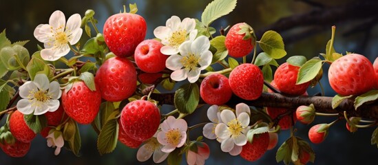 Strawberries and raspberries are fruits growing on a branch of a flowering plant in the rose...