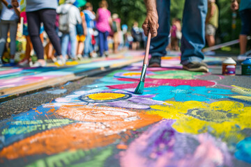A detailed shot capturing the moment of a brush adding vivid colors to a street mural, illustrating the artistry and precision in public art