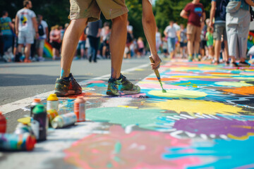 An artist's legs are seen as they paint a bright, abstract design on the street, surrounded by paint cans and brushes