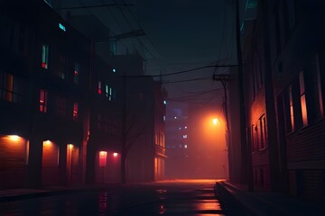 Dark street, night smog and smoke neon light. Dark background of the night city, ray of light in...