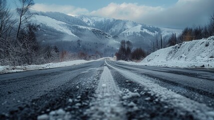 Wintry road leading through a snow-covered landscape towards mountains, Concept of winter journey and natural beauty
