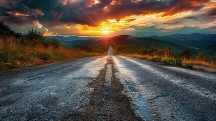 Open road at sunset leading through a scenic landscape, Concept of travel, journey, and the freedom of the open road
 - obrazy, fototapety, plakaty