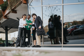 Diverse group of business associates engaged in a strategy discussion outside a modern office, reflecting teamwork and partnership.