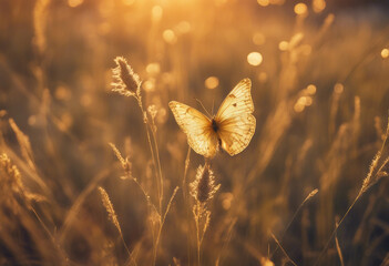 Golden butterfly glows in the sun at sunset macro Wild grass on a meadow in the summer in the rays o - Powered by Adobe