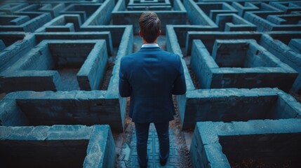 Businessman standing in middle of a maze looking for the right way out , problems and solutions concept
